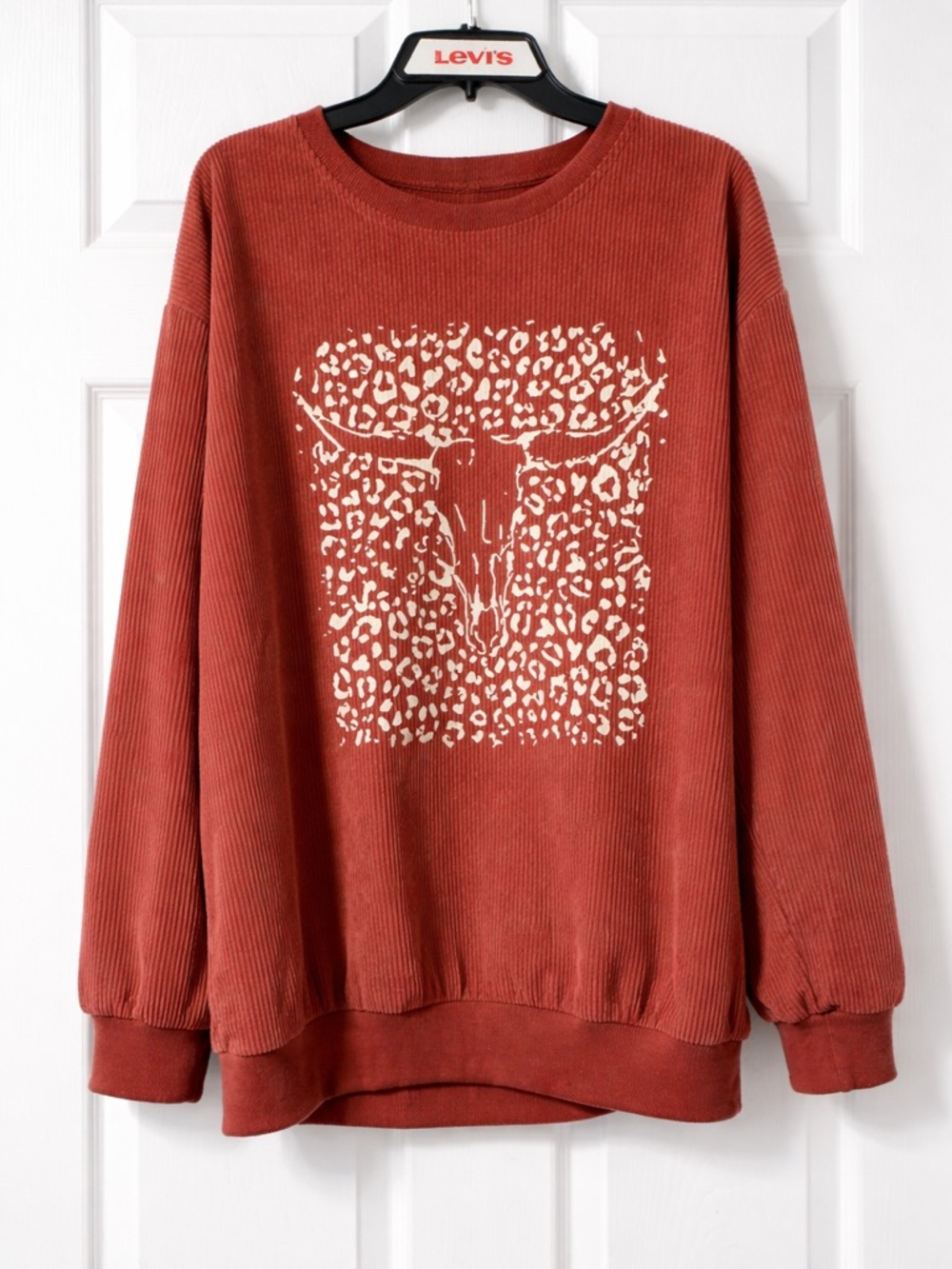 Western Cow Skull Graphic Ribbed Top Brown Cozy Boho Cowgirl M